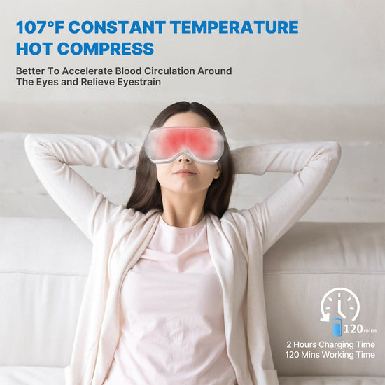 건강: A woman is laying on a couch with a Renpho KR Eyeris 1 Eye Massager, promoting her health.