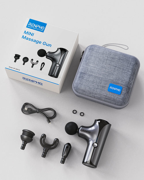 A box with a set of Renpho KR Mini Massage Gun earphones for fitness recovery and wellness.