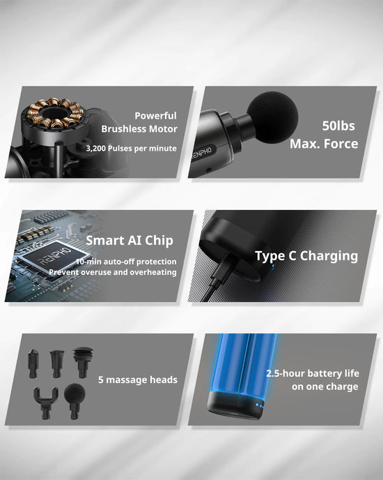 Four different types of Renpho HK RENPHO Active Massage Guns, designed for 회복 and 피트니스 enthusiasts seeking 웰빙, are shown.