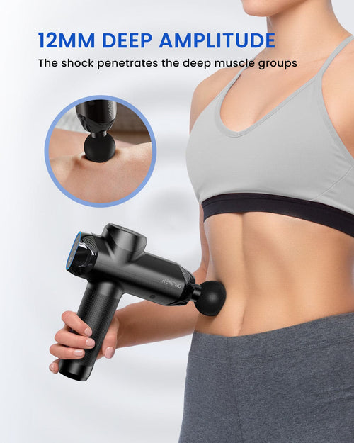 An image depicting a woman using a Renpho KR Power Massage Gun for fitness and health recovery.
