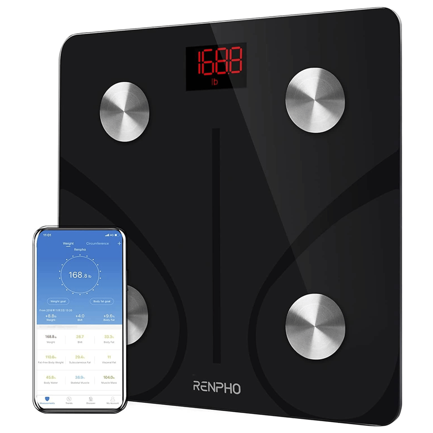 A Renpho KR Elis 1 Smart Body Scale with a smart phone next to it for 웰빙 and 건강.